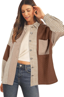 Khaki Houndstooth Textured Patchwork Loose Shacket