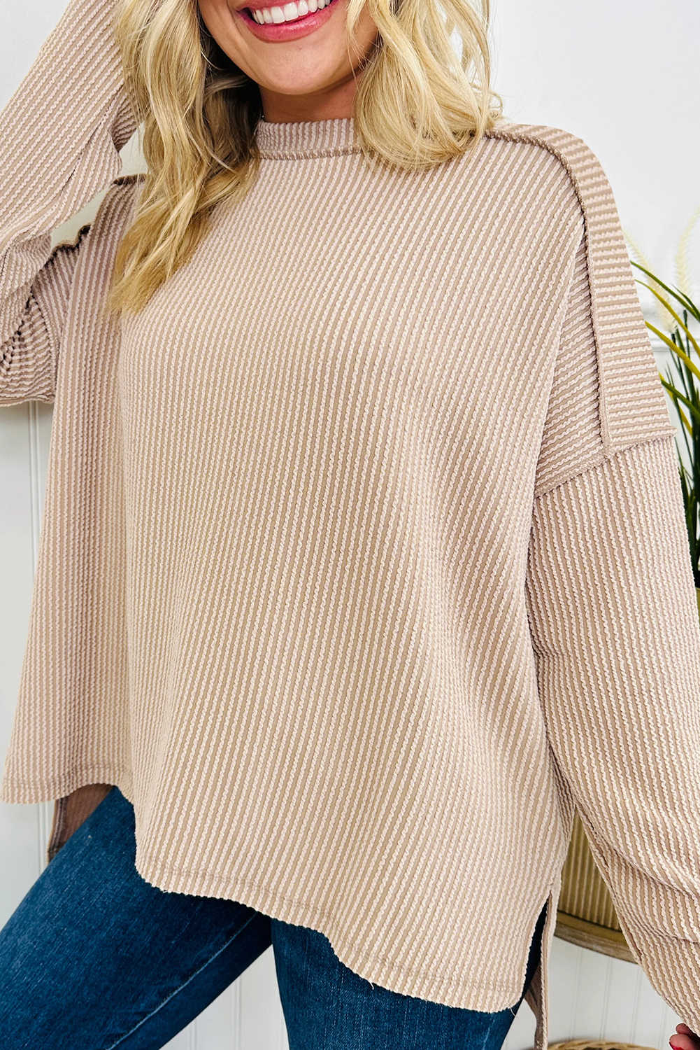 Parchment Twisted Rib Exposed Seam Detail Long Sleeve Loose Top