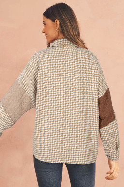 Khaki Houndstooth Textured Patchwork Loose Shacket