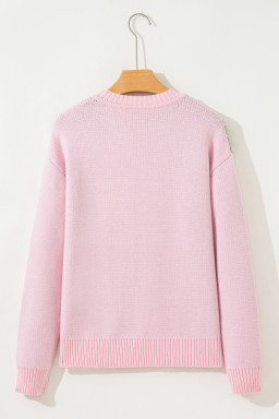 Pink Christmas Ginger Bread Man Print Round Neck Casual Sweater