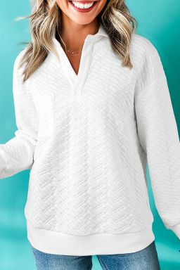 White Textured Pocketed Collared V Neck Pullover Sweatshirt