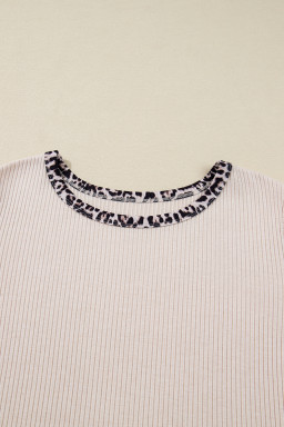 Parchment Ribbed Contrast Leopard Edge Round Neck Plus Size Top
