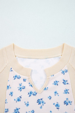 Beige Floral Print Waffle Patchwork Balloon Sleeve V Neck Oversized Top
