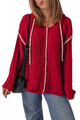 Racing Red Contrast Trim Textured Knit Drawstring Hooded Sweater