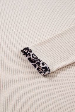 Parchment Ribbed Contrast Leopard Edge Round Neck Plus Size Top