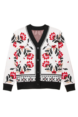 Beige Floral Print Button Front V Neck Contrast Trim Cardigan