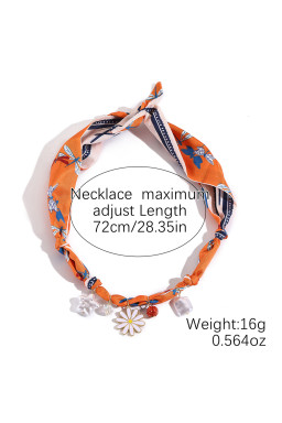 Orange Daisy Flower & Pearl Pendants Abstract Scarf Necklace