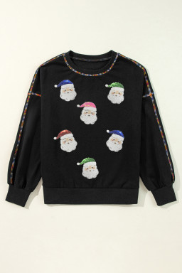 Black Colorful Stitch Trim Santa Claus Sequins Patch Baggy Sweatshirt