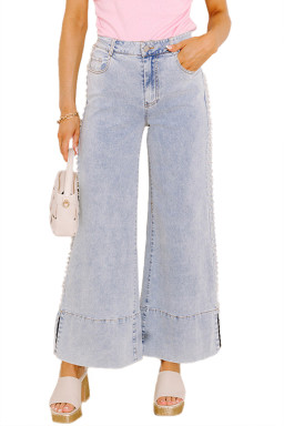 Beau Blue Mid Rise Pearl Embellished Split Wide Leg Jeans