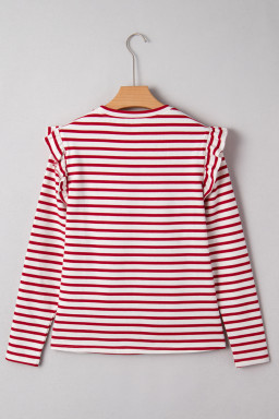 Red Striped Ruffle Shoulder Long Sleeve Top