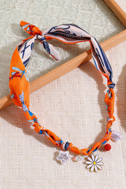 Orange Daisy Flower & Pearl Pendants Abstract Scarf Necklace