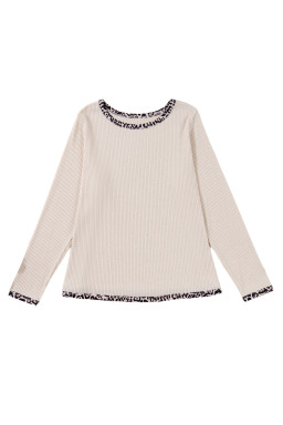 Parchment Ribbed Contrast Leopard Edge Round Neck Plus Size Top