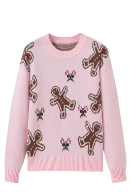 Pink Christmas Ginger Bread Man Print Round Neck Casual Sweater