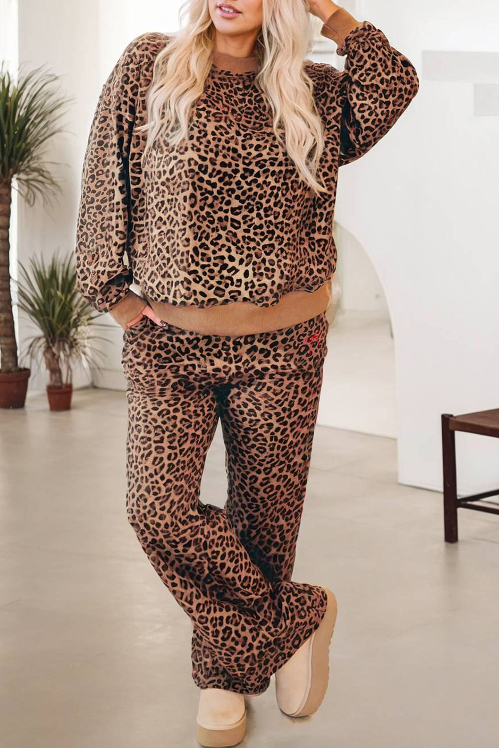 Khaki Allover Leopard Pullover and Pants Outfit