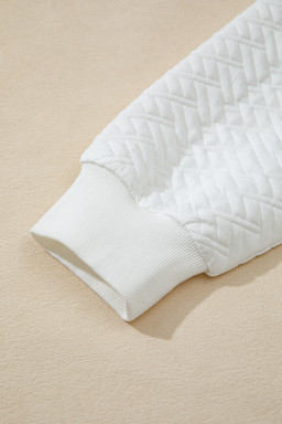 White Textured Pocketed Collared V Neck Pullover Sweatshirt