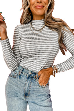 Gray Stripe Ribbed High Neck Slim Fit Long Sleeve Top
