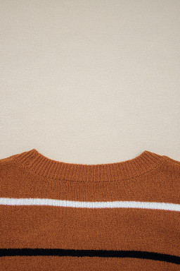 Brown Striped Ribbed Edge Drop Shoulder Sweater