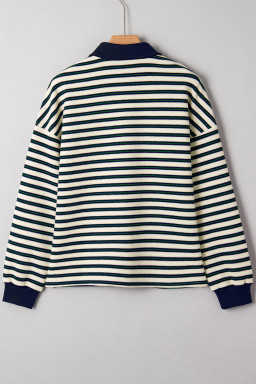 Navy Blue Pop of Color Zipper V Neck Striped Long Sleeve Top