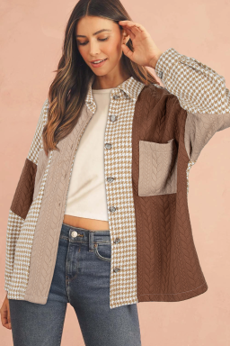 Khaki Houndstooth Textured Patchwork Loose Shacket