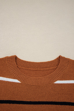 Brown Striped Ribbed Edge Drop Shoulder Sweater