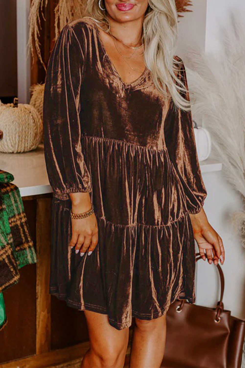 Chicory Coffee Solid Color Velvet V Neck Long Sleeve Tiered Mini Dress