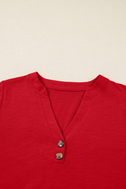 Racing Red Casual Button V Neck Long Sleeve Top