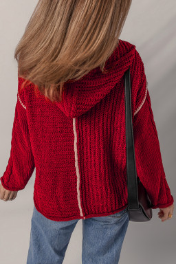 Racing Red Contrast Trim Textured Knit Drawstring Hooded Sweater