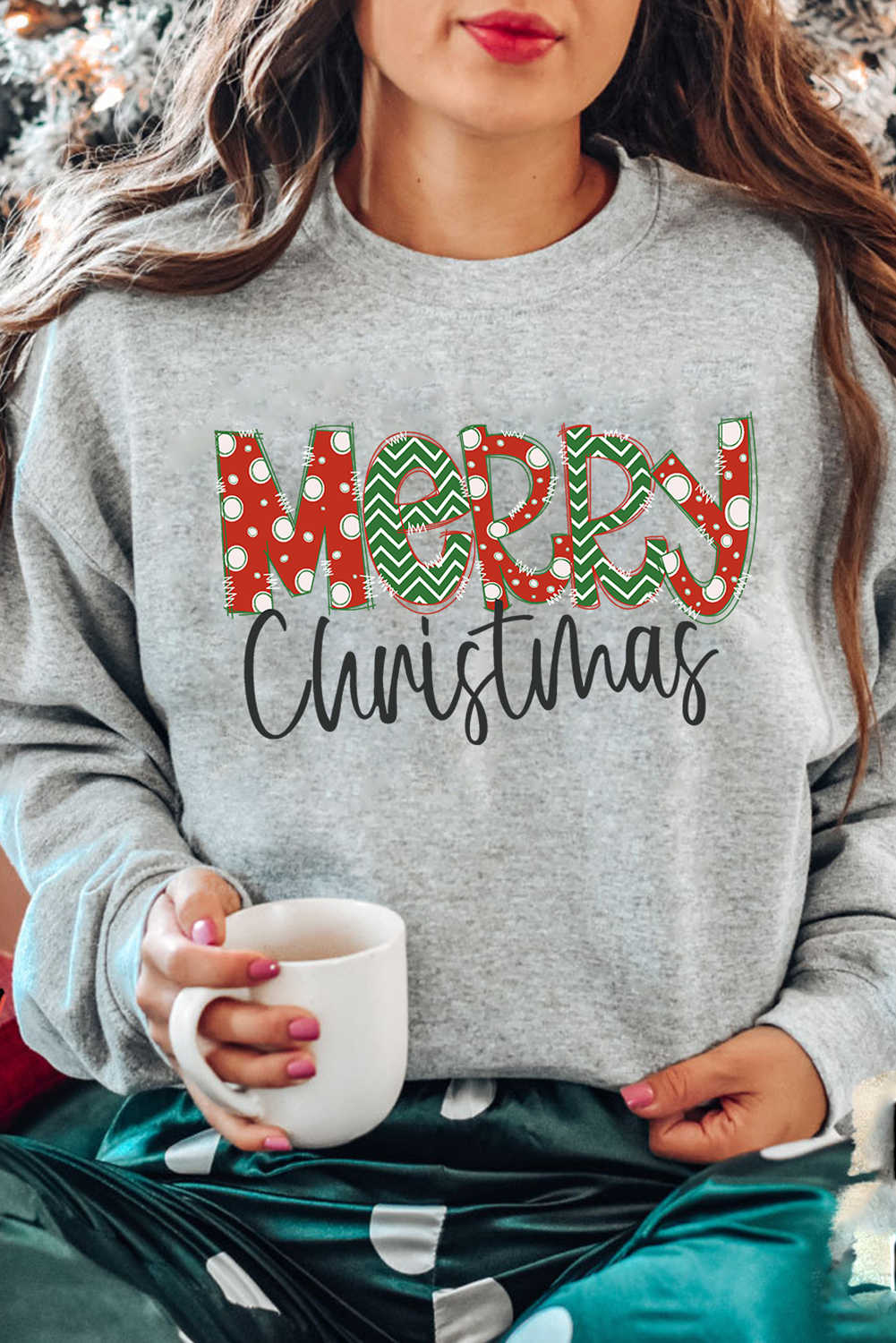 Gray Merry Christmas Festive Letter  Heat Transfer Printing Drop Shoulder Sweatshirt