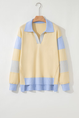 Sky Blue Striped V Neck Collared Colorblock Patchwork Sweater