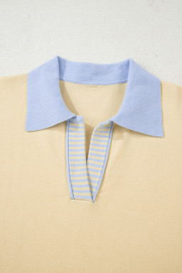 Sky Blue Striped V Neck Collared Colorblock Patchwork Sweater