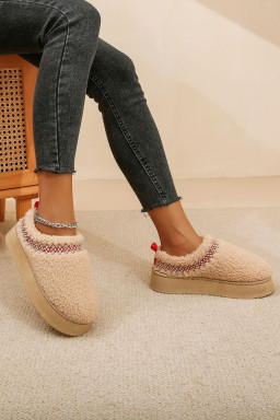 Oatmeal Warm Contrast Trim Plush Thick Sole Slippers
