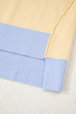 Sky Blue Striped V Neck Collared Colorblock Patchwork Sweater