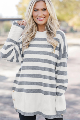 Gray Stripe Ribbed Buttoned Detail Drop Shoulder Tunic Sweater