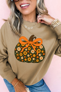 Khaki Floral Pumpkin Graphic Heat Transfer Printing Thanksgiving Sweatshirt