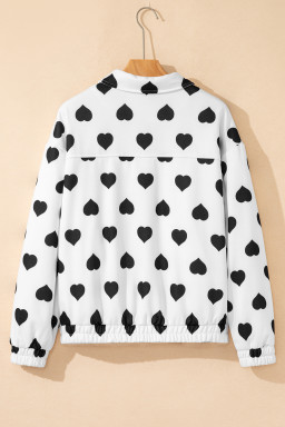 White Zipper Heart Print Collared Jacket
