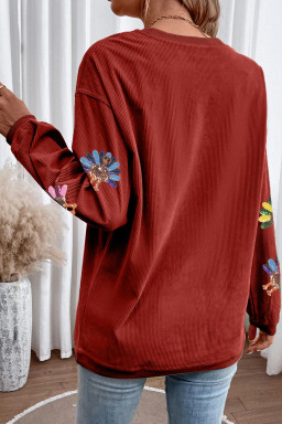 Racing Red Turkey Graphic Sequins Patch Corded Baggy Sweatshirt