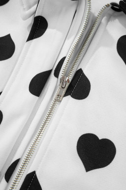 White Zipper Heart Print Collared Jacket