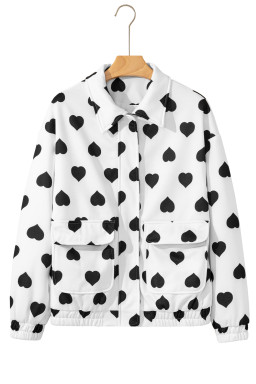 White Zipper Heart Print Collared Jacket