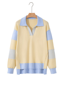 Sky Blue Striped V Neck Collared Colorblock Patchwork Sweater