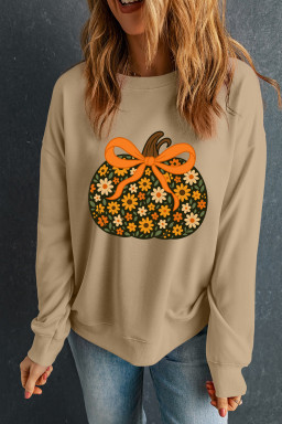 Khaki Floral Pumpkin Graphic Heat Transfer Printing Thanksgiving Sweatshirt