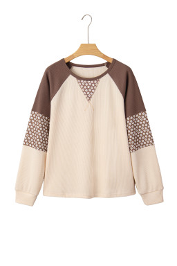 Brown Floral Print Patchwork Colorblock Long Sleeve Top