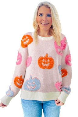 Beige Halloween Cute Pumpkin Pattern Sweater