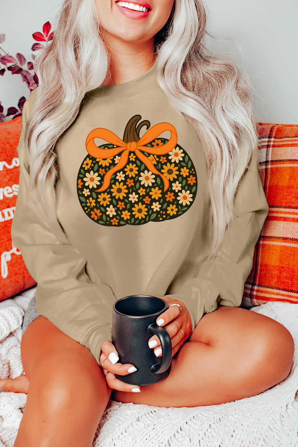 Khaki Floral Pumpkin Graphic Heat Transfer Printing Thanksgiving Sweatshirt