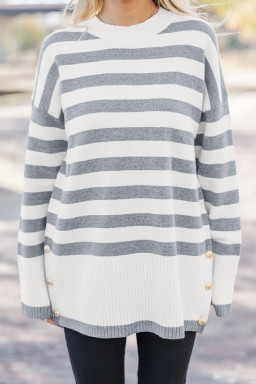 Gray Stripe Ribbed Buttoned Detail Drop Shoulder Tunic Sweater