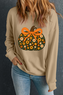 Khaki Floral Pumpkin Graphic Heat Transfer Printing Thanksgiving Sweatshirt