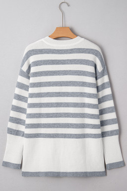 Gray Stripe Ribbed Buttoned Detail Drop Shoulder Tunic Sweater