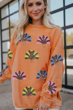 Orange Turkey Graphic Sequins Patch Corded Baggy Sweatshirt