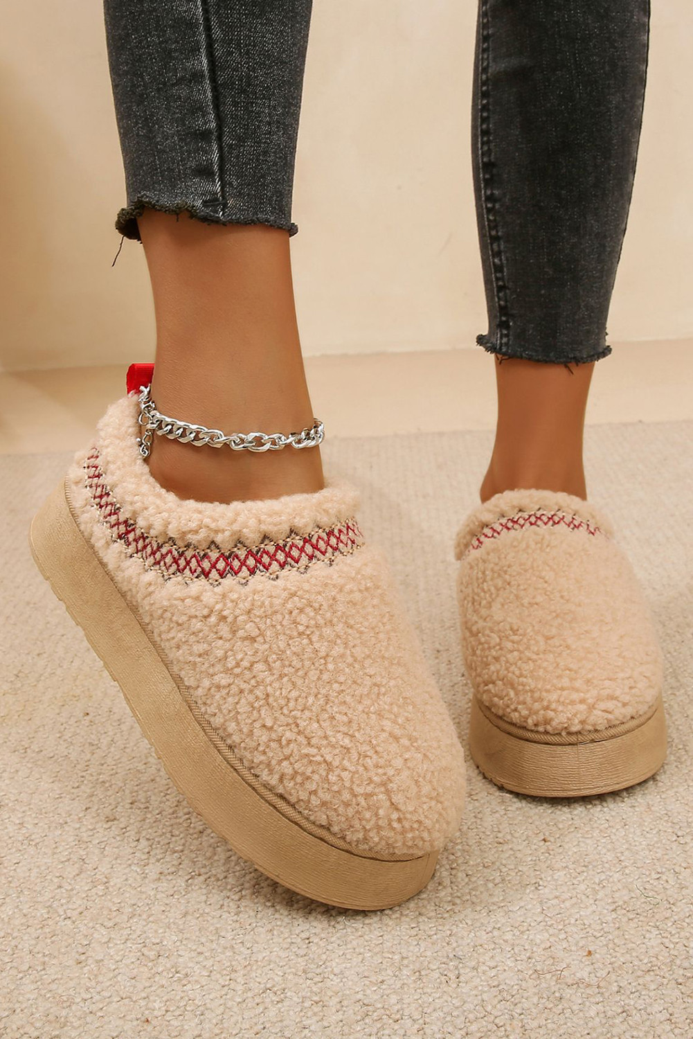 Oatmeal Warm Contrast Trim Plush Thick Sole Slippers