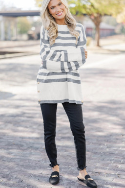 Gray Stripe Ribbed Buttoned Detail Drop Shoulder Tunic Sweater