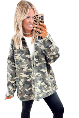 Green Camo Chest Pockets Loose Denim Jacket